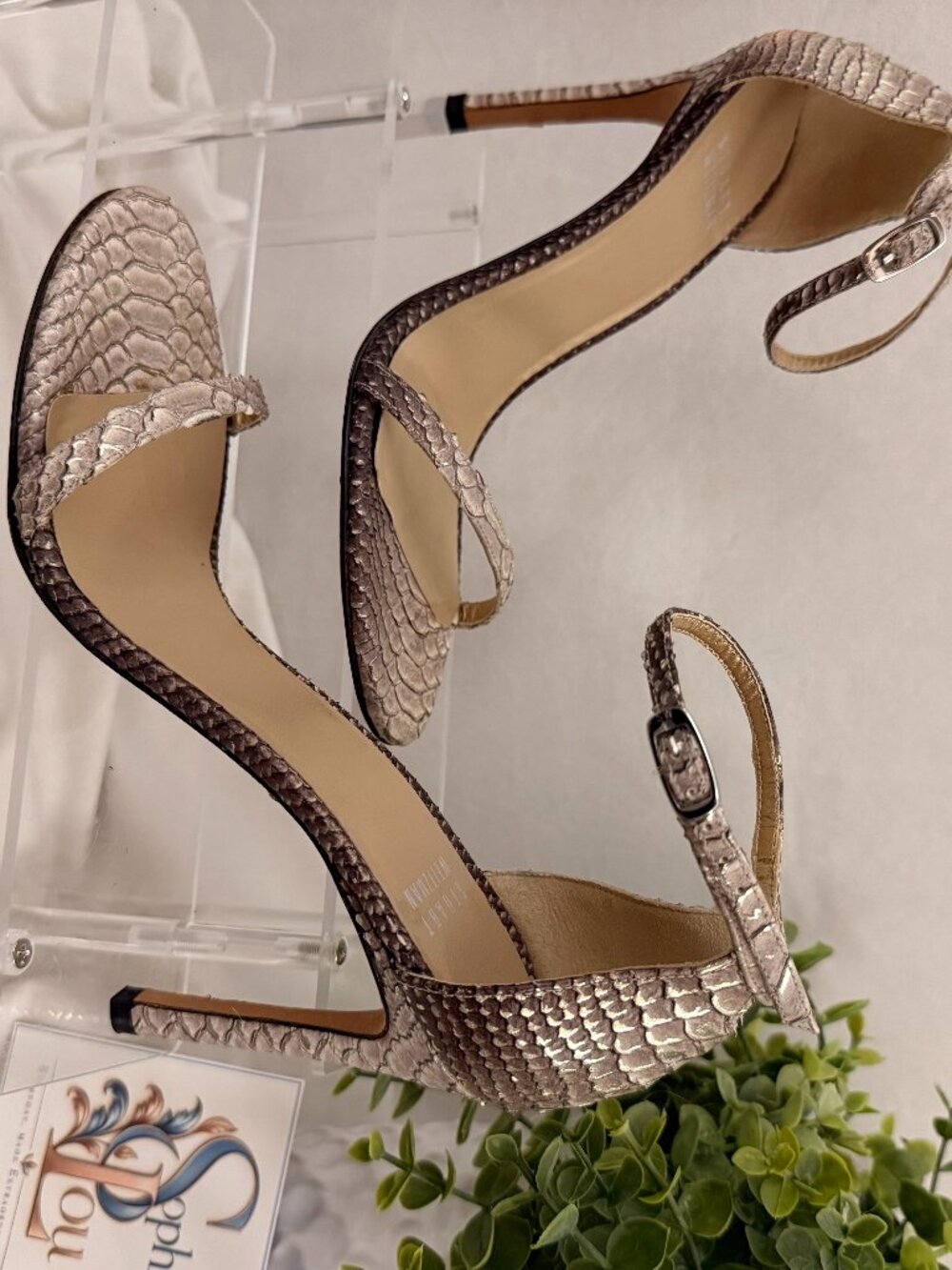 Stuart Weitzman Metallic Silver Exotic-Texture Stiletto Sandals 7